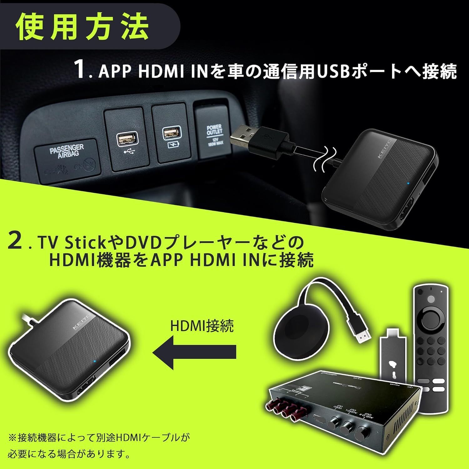 KEIYO APP HDMI IN HDMI出力のTVstickや地デジチューナーを接続 有線