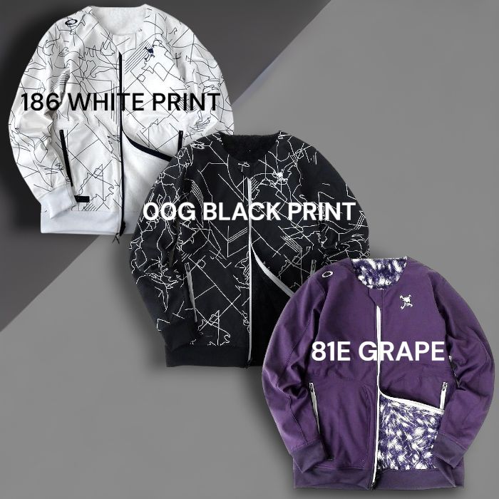 OAKLEY オークリー スカル シェルパフリース切替 グラフィックプリント ネックウォーマー付き 2wayリバーシブル ウィンドジャケット ブルゾン ゴルフウェア FOA404239 定1.9万 パープル 053 40220m01