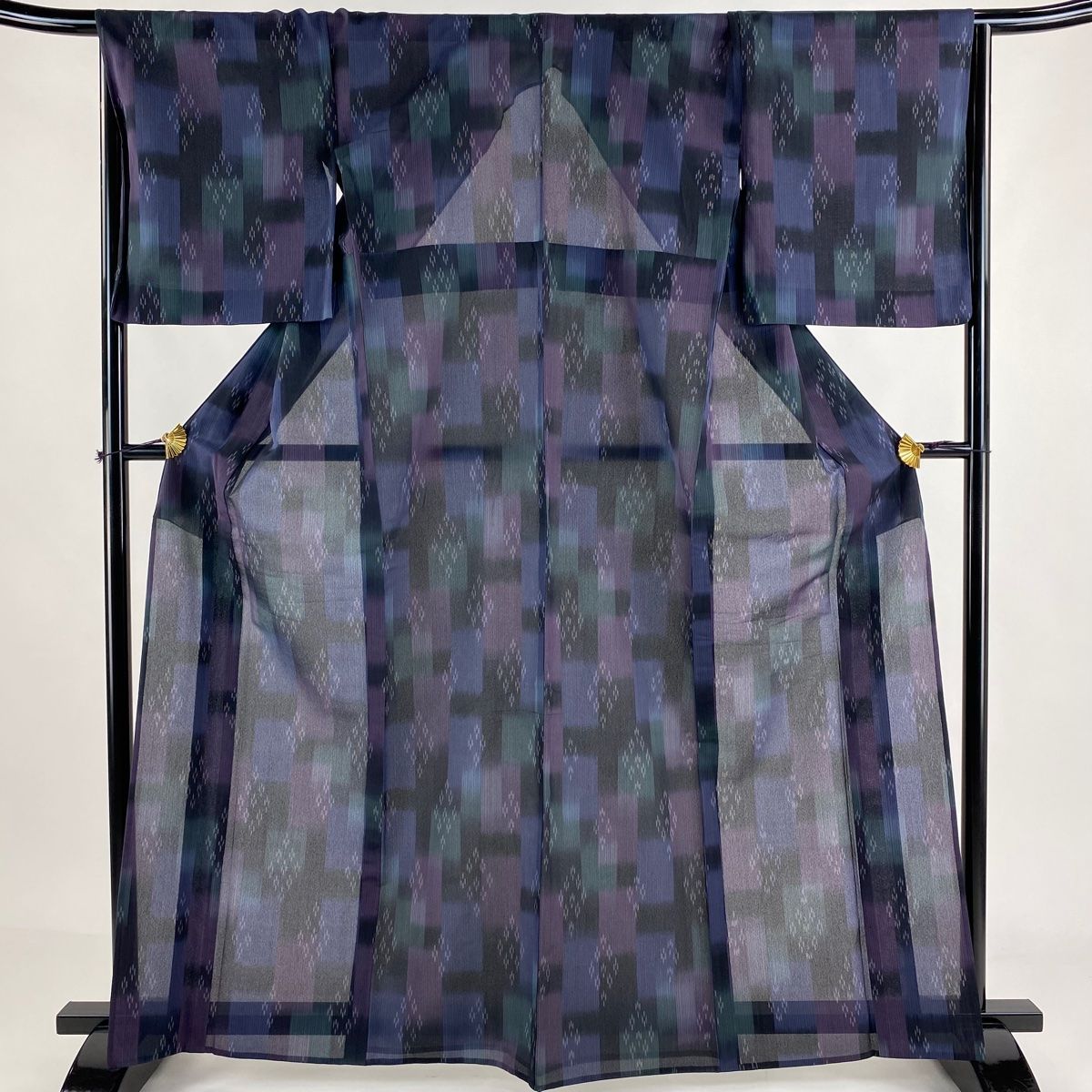 紬 身丈164.5cm 裄丈67.5cm L 薄物 夏紬 幾何学模様 紫 正絹 名品