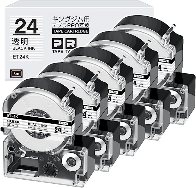 白 24mm 5個 24mm 透明黒文字 ET24K テープカートリッジ と互換性のある キングジム Kingjim テプラ Tepra（ST24K）白  黒文字 テプラpro ラベルライター用 8m ASprinte ::53504