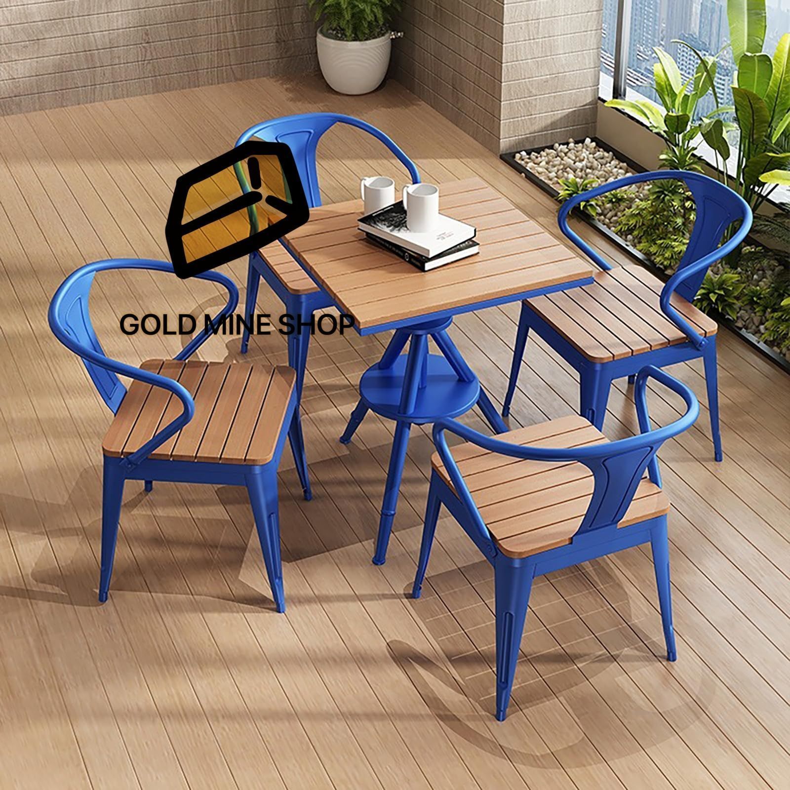 屋外|ベランダ用 ガーデンテーブルセット 金属フレーム プラスチック木目調トップ 耐候性 コンパクト収納 庭用 バルコニー家具 青-1 70cm-1 テーブル チェア4脚