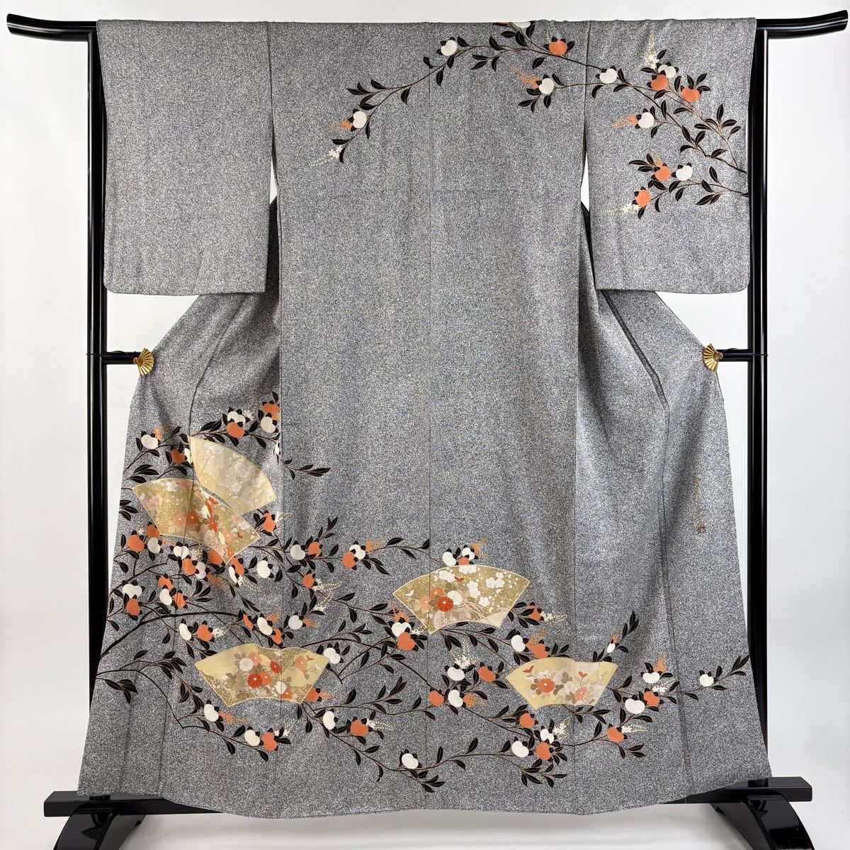 訪問着 身丈159cm 裄丈64.5cm M 袷 落款 橘 扇面 金彩 黒灰 正絹 秀品