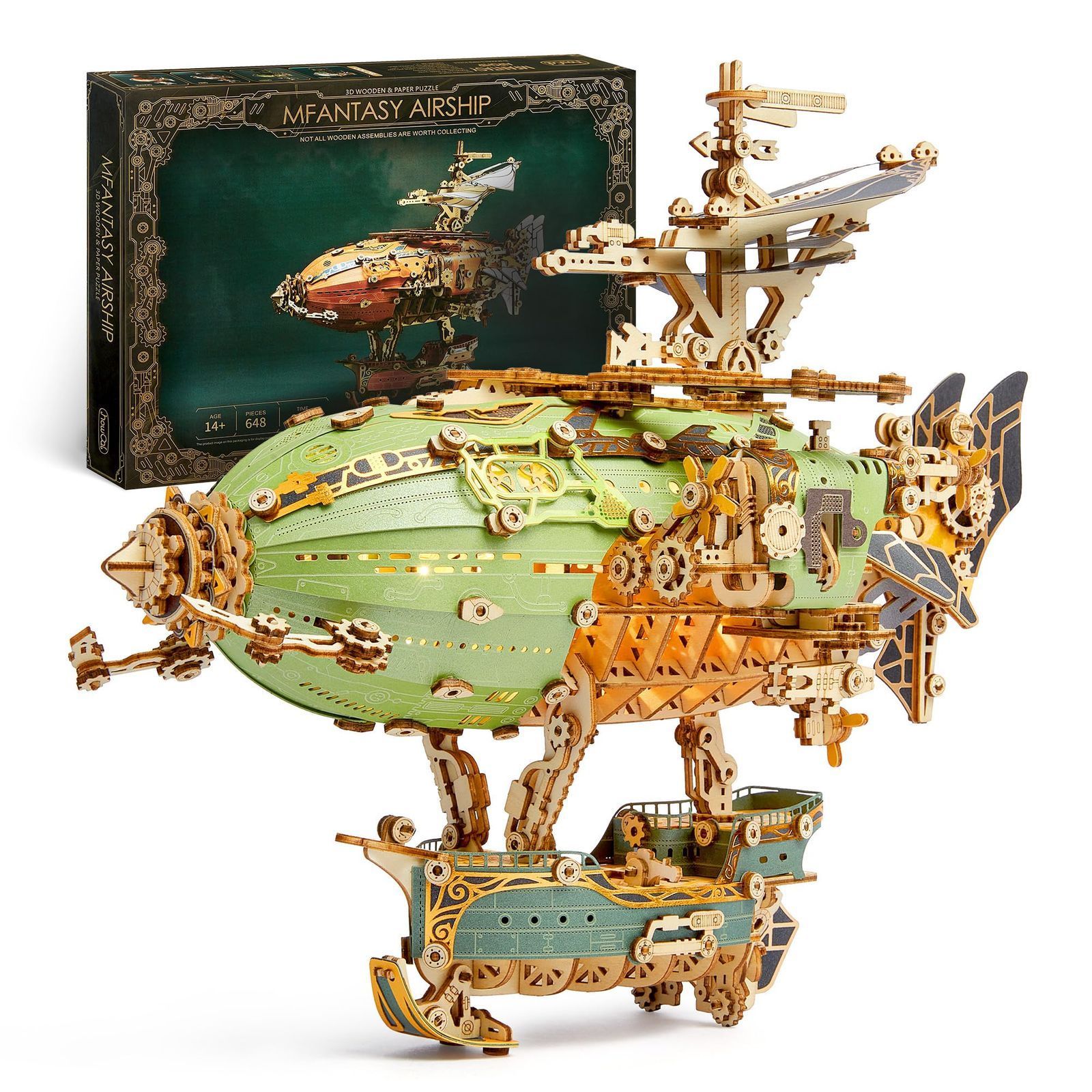 複雑な模型製作セット 大人と子供向け グリーン LEDライト付き 知育玩具 組み立てキット DIYクラフトキット スチームパンク 648PCS ファンタジー飛行船 木製パズル 3Dパズル FUNPOLA