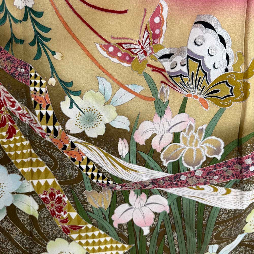 振袖 名品 身丈172cm 裄丈71cm 正絹 【中古】 美品】 振袖 身丈172cm 裄丈71.5cm L 袷 桜 波 金糸 金彩 青紫 正絹