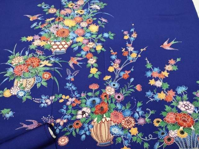 平和屋着物▽小紋 反物 着尺 型染 流水風景花文 逸品 未使用