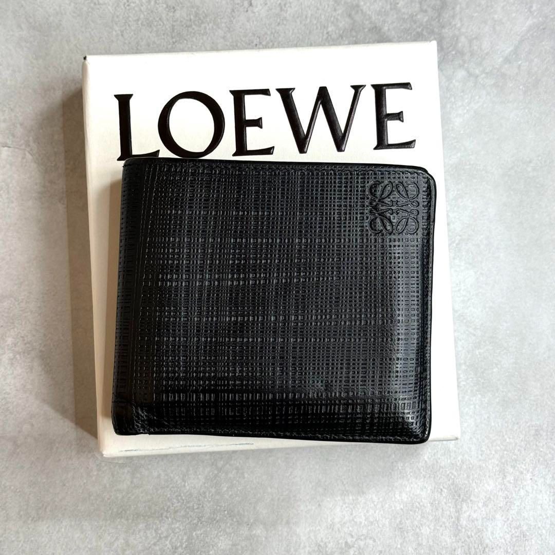 LOEWE ロエベ リネンアナグラムバイフォールドウォレット 二つ折り財布 リネン アナグラム型押し レザー ブラック ANAGRAM 10188501