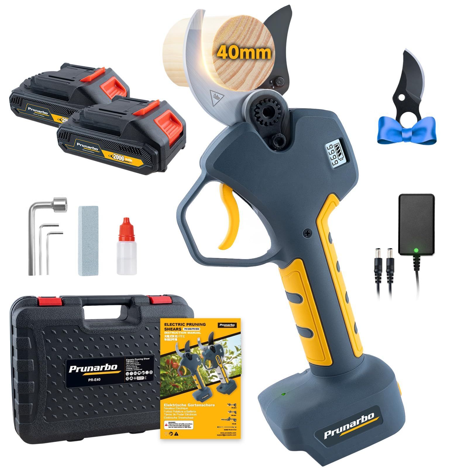 プロ-家庭両用 Prunarbo 電動剪定バサミ 40ｍｍ切断径 マキタ互換 2000mAh大容量バッテリー2個付属 電動ハサミ 剪定バサミ 電動 2段階開き角度調整 園芸ハサミ 切断回数と残量表示 LEDディスプレー ブラシレスモーター 日本語取扱説