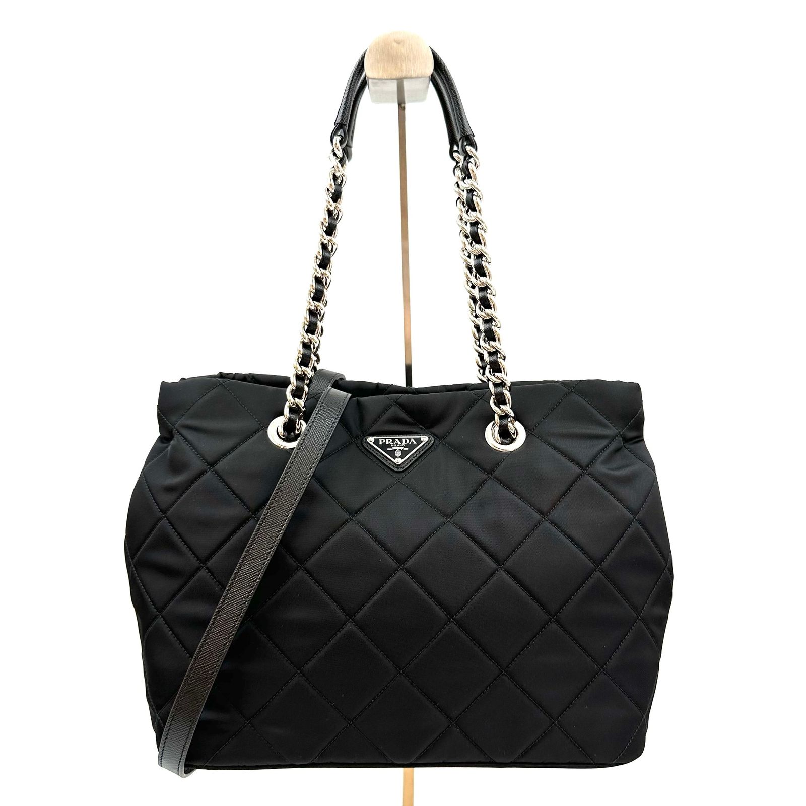 PRADA プラダ ナイロン チェーントートバッグ 1BG740 ショルダーバッグ キルティング ブラック