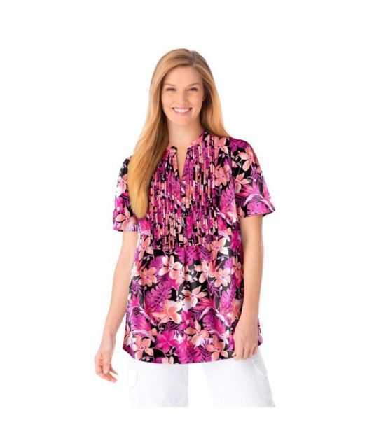 送料無料 ウーマン ウィズイン レディース シャツ トップス Women s Plus Size Pintucked Half-Button Tunic Black coral hibiscus