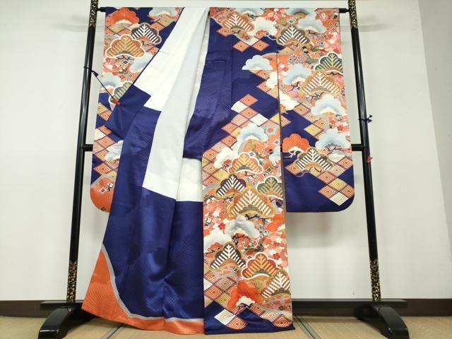 平和屋着物▽豪華振袖 駒刺繍 宝尽くし飛鶴松文 金彩 正絹 逸品