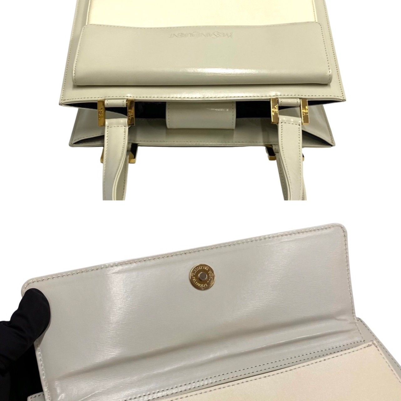 極 美品 保存袋付 YVES SAINT LAURENT イヴ・サンローラン ロゴ 金具 ナイロン レザー ハンドバッグ ミニ トートバッグ オフホワイト 28339