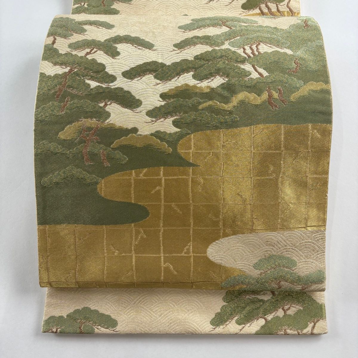 袋帯 名品 落款 本家加納 笠松 ヱ霞 箔 金糸 ベージュ お太鼓柄 正絹