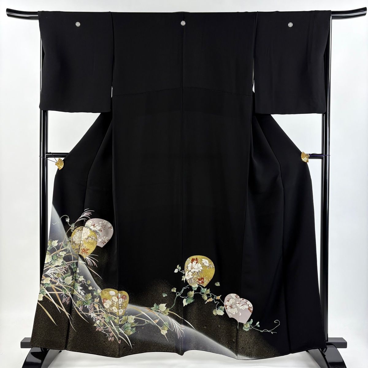 【トールサイズ】正絹 単衣 紺×黒 小紋 草花文 銀彩 ⑤ 刺繍柄の正絹江戸妻 未仕立 江戸褄 正絹黒留袖 豪華な柄 在庫