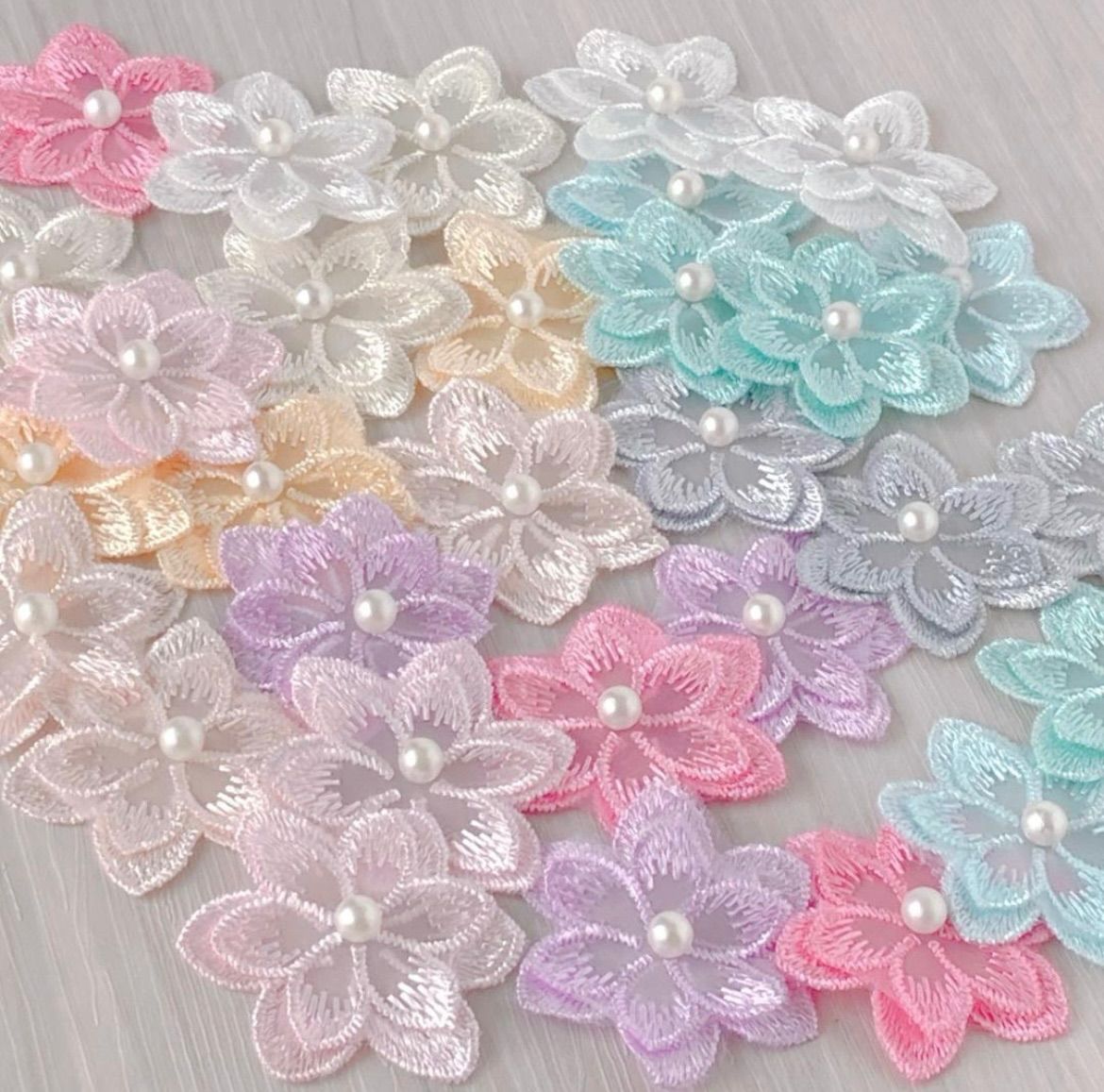 パール付き・二重花モチーフ 暑苦しい 刺繍レース オーガンジー パール付き・二重花モチーフ 暑苦しい 刺繍レース オーガンジー