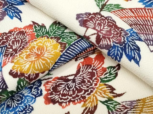 平和屋着物●上質な小紋 型染め 吉祥草花文 鬼しぼ縮緬 正絹 CAAY9428th