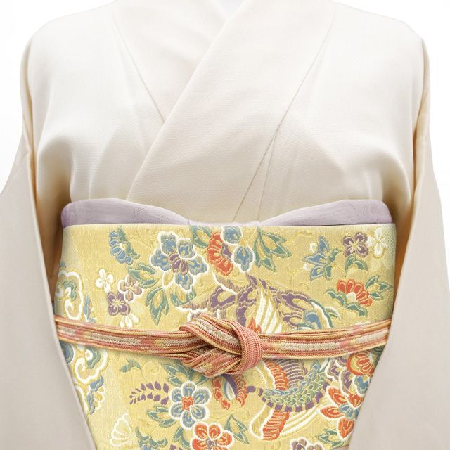 袋帯 京都 西陣 本金鳳凰唐草丸文錦 ベージュ 薄灰緑 上質 中古 kp1347 袋帯 京都 西陣 本金鳳凰唐草丸文錦 ベージュ 薄灰緑 上質 中古