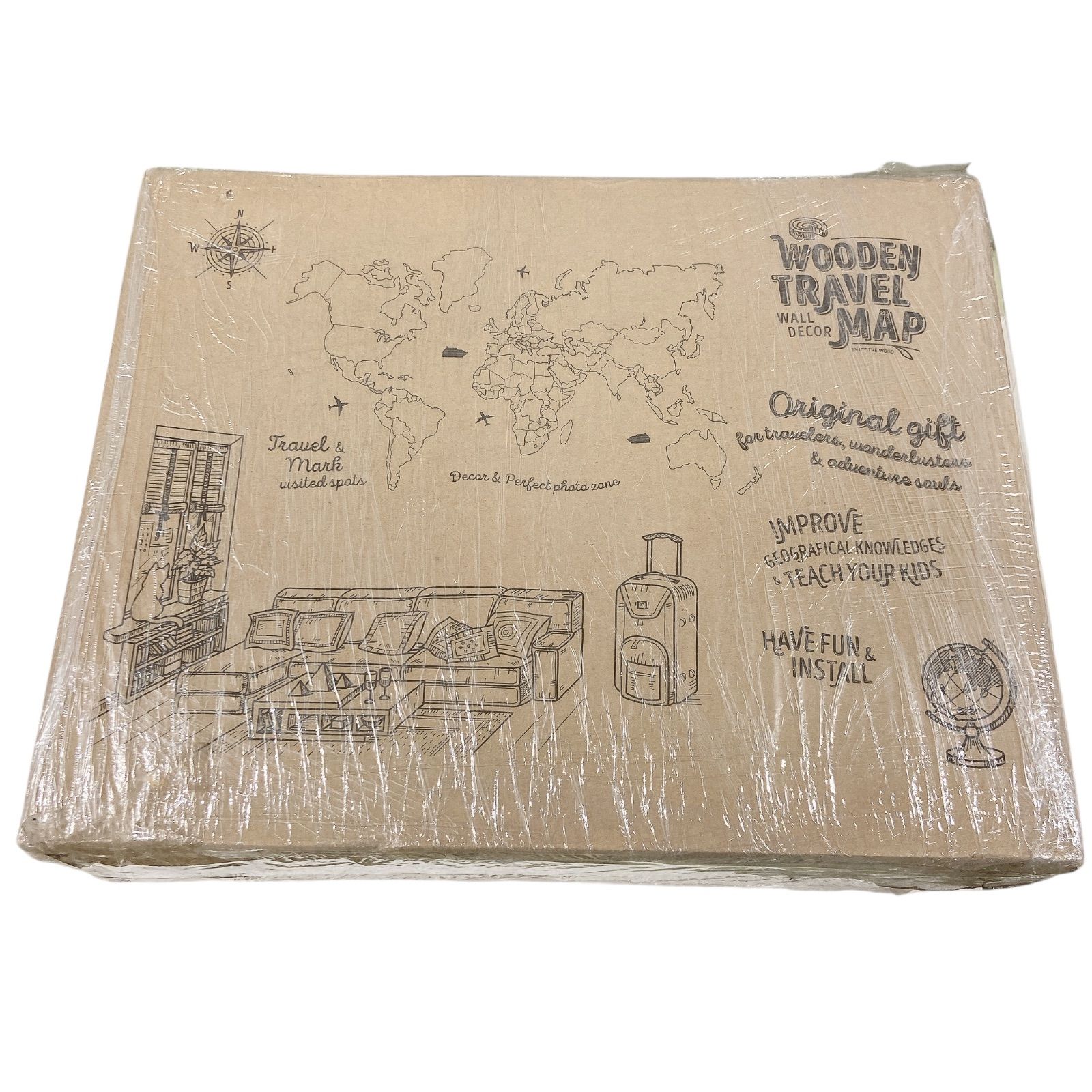 AT-165 未開封 3D Wood World Map 壁掛け木製世界地図 plywood English Lサイズ ピン 15個