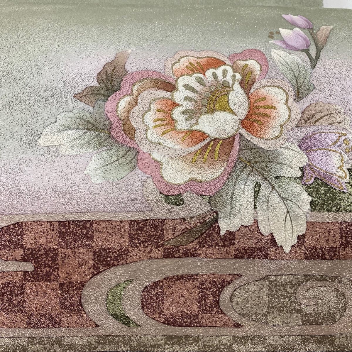 牡丹様♡ 袋帯 美品 秀品 落款 中嶋まさひろ 牡丹 観世水 銀通し 金彩