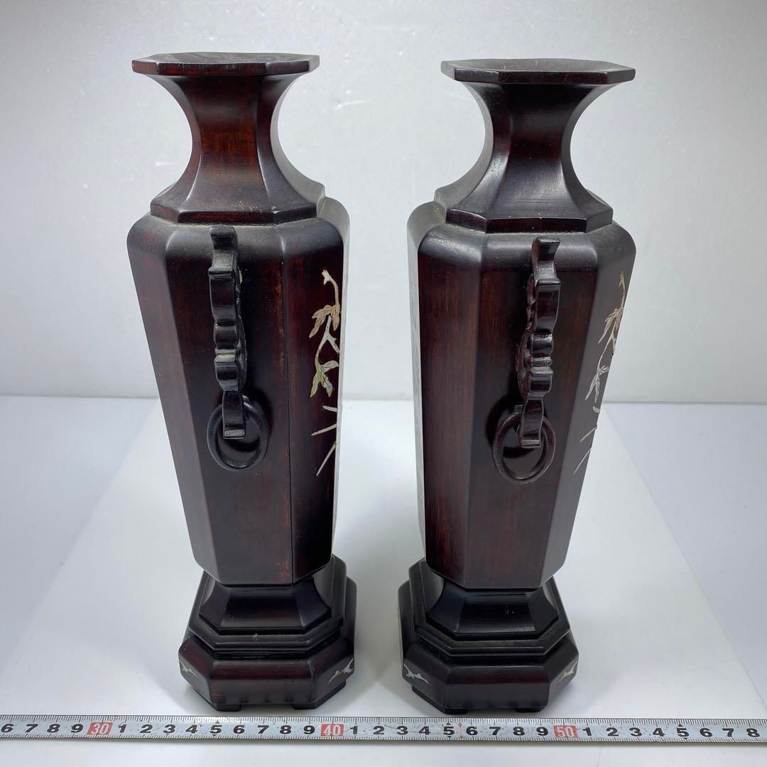 中国美術 螺鈿象嵌 木彫花入一対 タサオ 東里6-1129