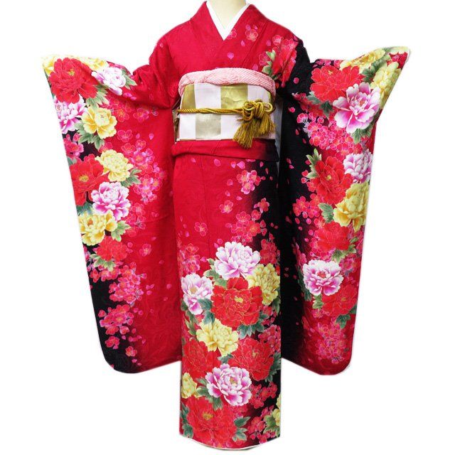 振袖 襦袢 2点 セット 着物 中古 花模様 牡丹 桜 地模様 銀通し