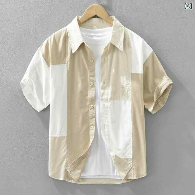 メンズ ファッション 服 男性用 オシャレ シンプル 大人 かっこいい 大きいサイズ ストリート 紳士服 ハイエンド カラー ブロック 綿 半袖 シャツ パッチワークシャツ 薄手 カジュアル トッ