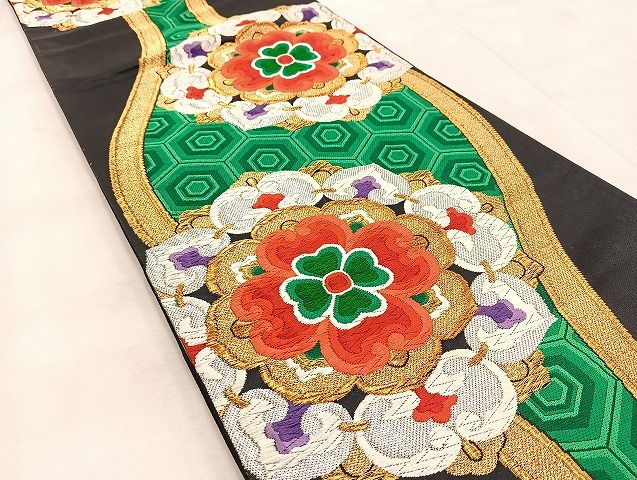 正絹 六通柄袋帯 唐織 亀甲花文 平和屋着物○六通柄