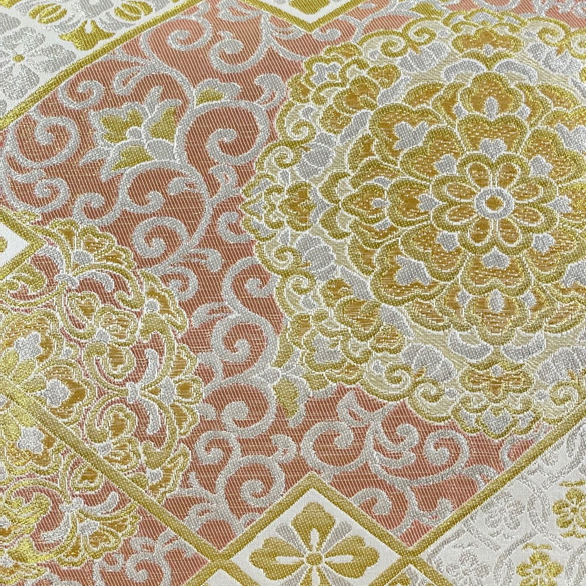 袋帯 本金糸 花唐草 色味の良い 六通 正絹 AO-4311 袋帯 秀品 夏帯 絽 菊唐草 金糸 箔 クリーム 六通 正絹 中古