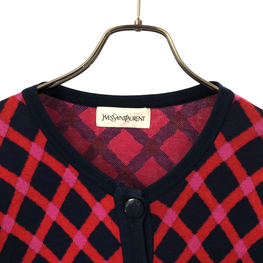 Yves Saint Laurent - イヴサンローラン 90s 総柄 長袖 ニットカーディガン M ネイビー×レッド YVES SAINT LAURENT オールド ヴィンテージ レディース イヴサンローラン 90s 総柄 長袖 ニットカーディガン M ネイビー