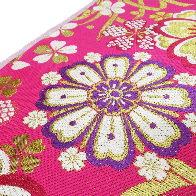 袋帯 振袖用 中古 花模様 桜 梅 箔糸 躑躅色 多色 金 A1064-18