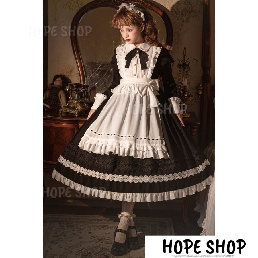 コスプレ メイド服 黒 ブラック 白 ホワイト 華やか メイド 豪華セット レディース ロリータ ワンピース ロリィタ メイド服 ロング クラシ