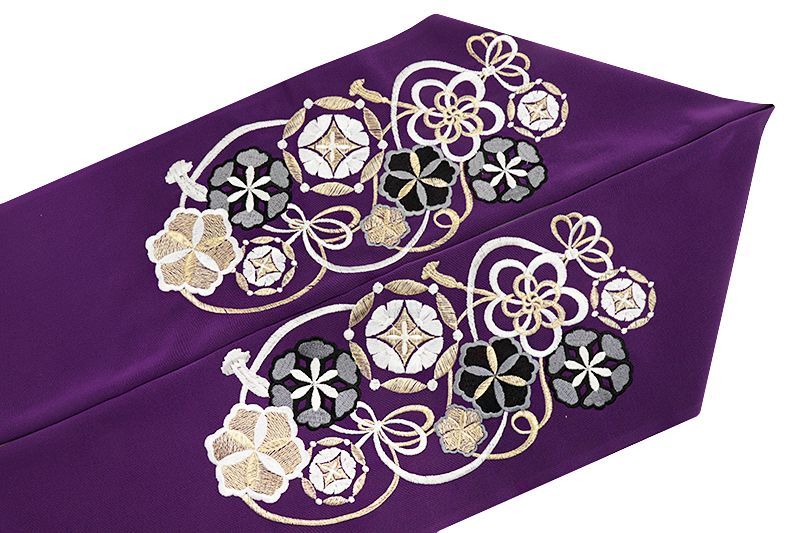 半衿 半襟 振袖 成人式 豪華刺繍 紫 オフホワイト 白 金 ゴールド 黒 グレー 梅 ねじ梅 七宝つなぎ 組紐 シルエーヌ 礼装用 刺 No.10-6238