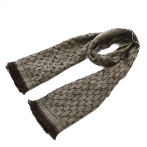 グッチ GUCCI 大判 ストール ショール マフラー ウール GG柄 総柄 フリンジ 48×180cm 茶 ブラウン