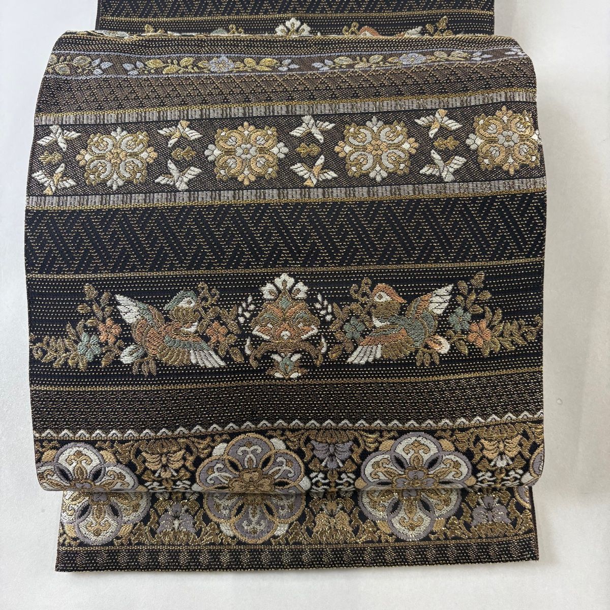 袋帯 正絹 六通柄 花の丸文様 （中古）振袖用袋帯 -月花の