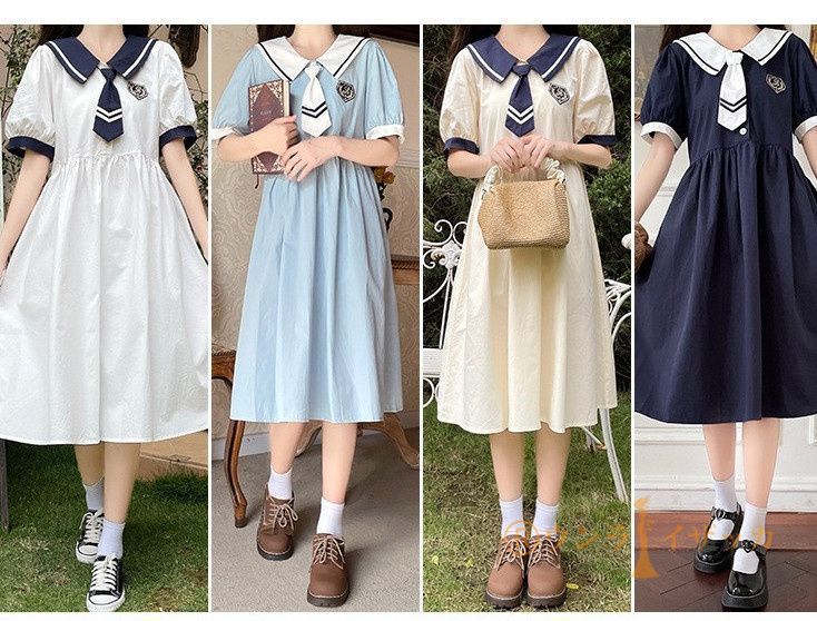 ワンピース ビッグカラー セーラー風 胸元リボン 半袖 夏用 夏服