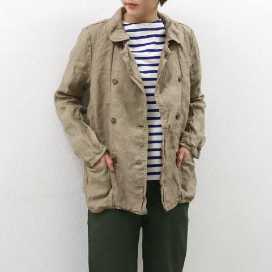 フランス製 ARMEN モーターサイクルジャケット リネン 麻 ミリタリー ラウンドネック レディース サイズ1 アーメン カーキ系 Sサイズ程度