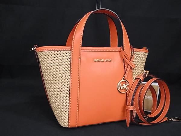 MICHAEL KORS マイケルコース レザー×ストロー 2WAY ハンドバッグ ショルダー オレンジ系×ベージュ系 BJ9391