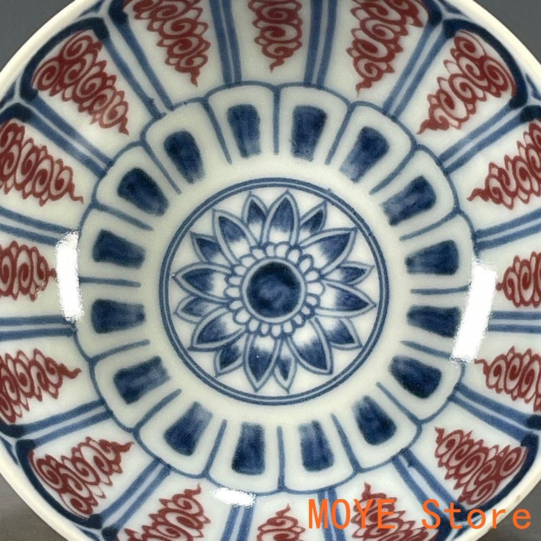 藍花釉里紅博古花紋碗 景徳鎮 陶磁器 装飾品 現代工芸品 美術品