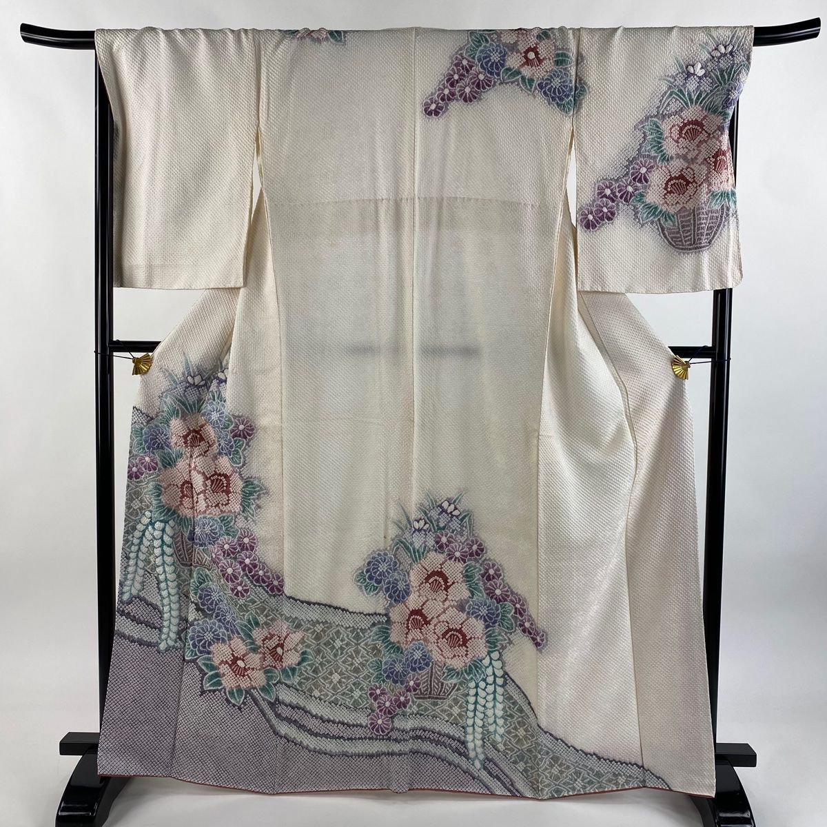 訪問着 身丈164cm 裄丈69cm L 袷 草花 花器 総絞り クリーム 正絹 名品