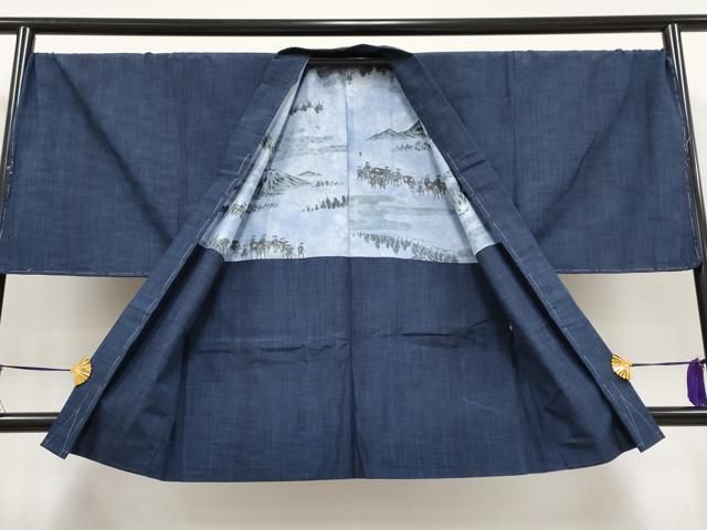 平和屋着物□極上 男性 紬 アンサンブル キングサイズ 青褐色地 逸品