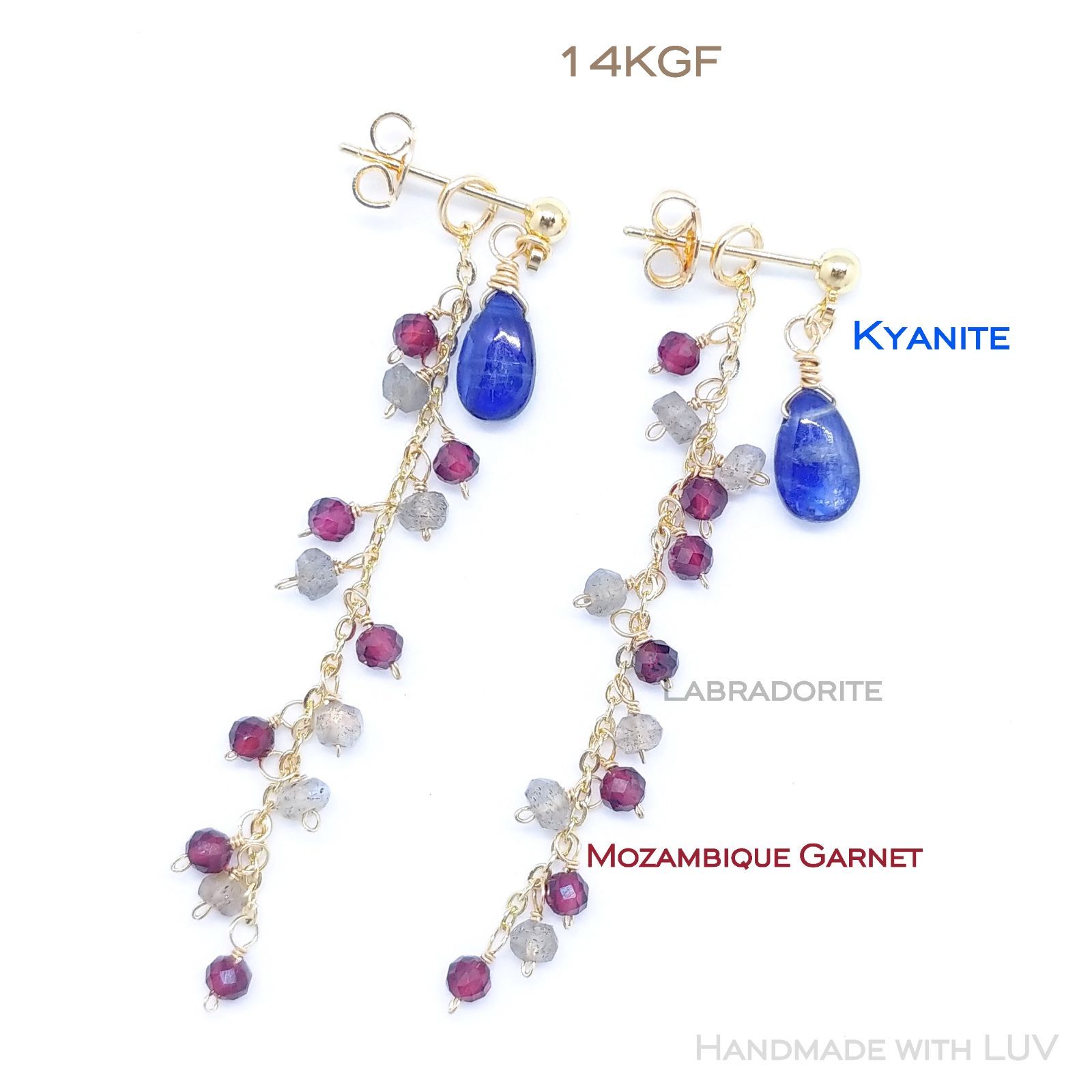 14kgf ガーネットとラブラドライトのピアス 天然石 天然石ピアス カイヤナイト × モザンビーク産ガーネット