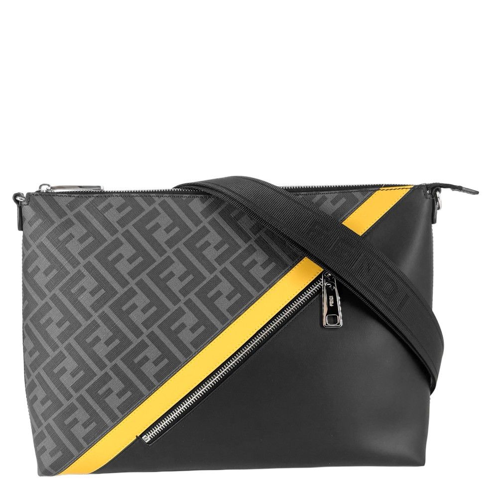 フェンディ ショルダーバッグ メンズ ダイアゴナルメッセンジャーバッグ FF セカンドバッグ 肩掛け 斜め掛け 2WAY FENDI 7VA470 レザー グレー イエロー シルバー金具 品