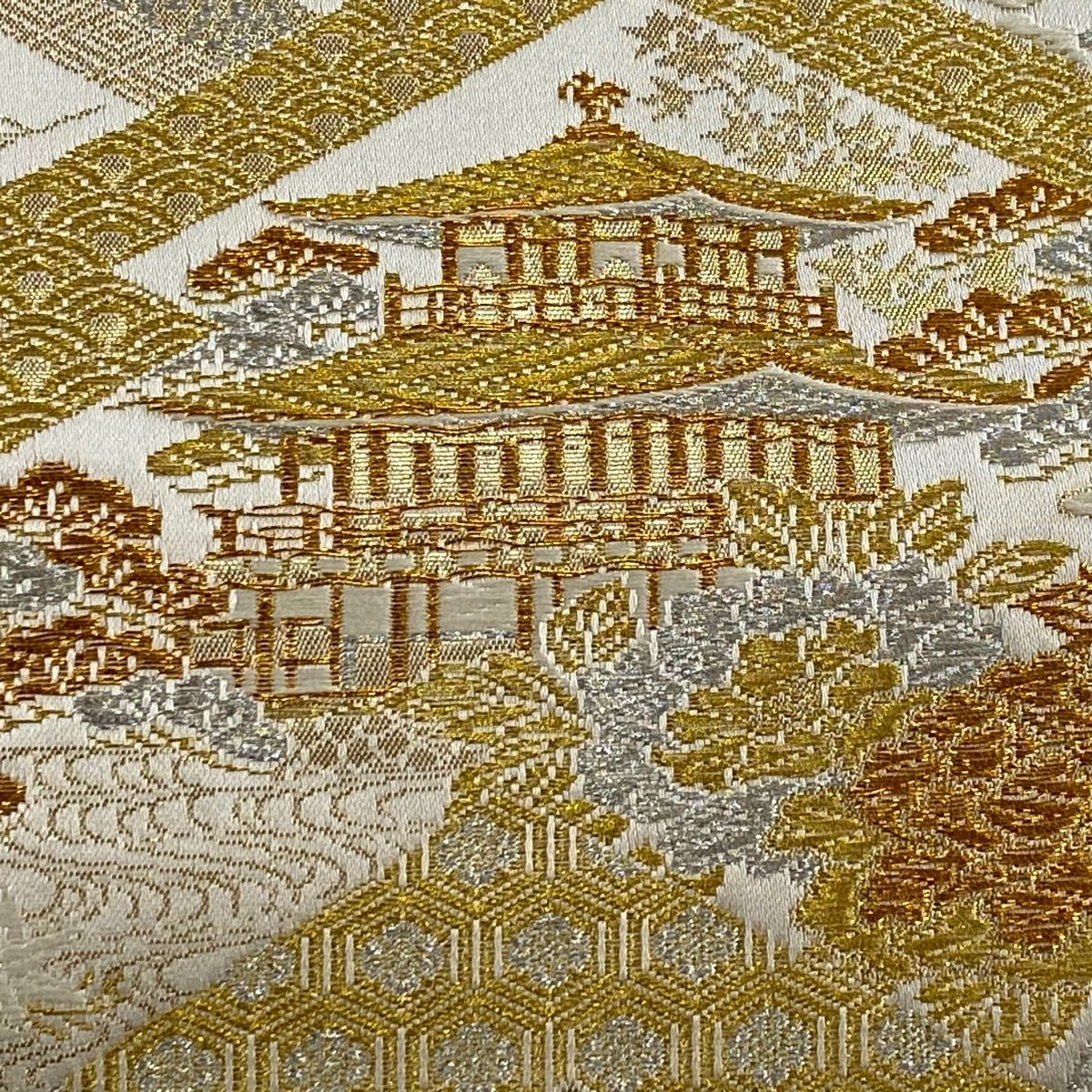 袋帯 秀品 建物 草花 金銀糸 箔 灰紫 全通 正絹