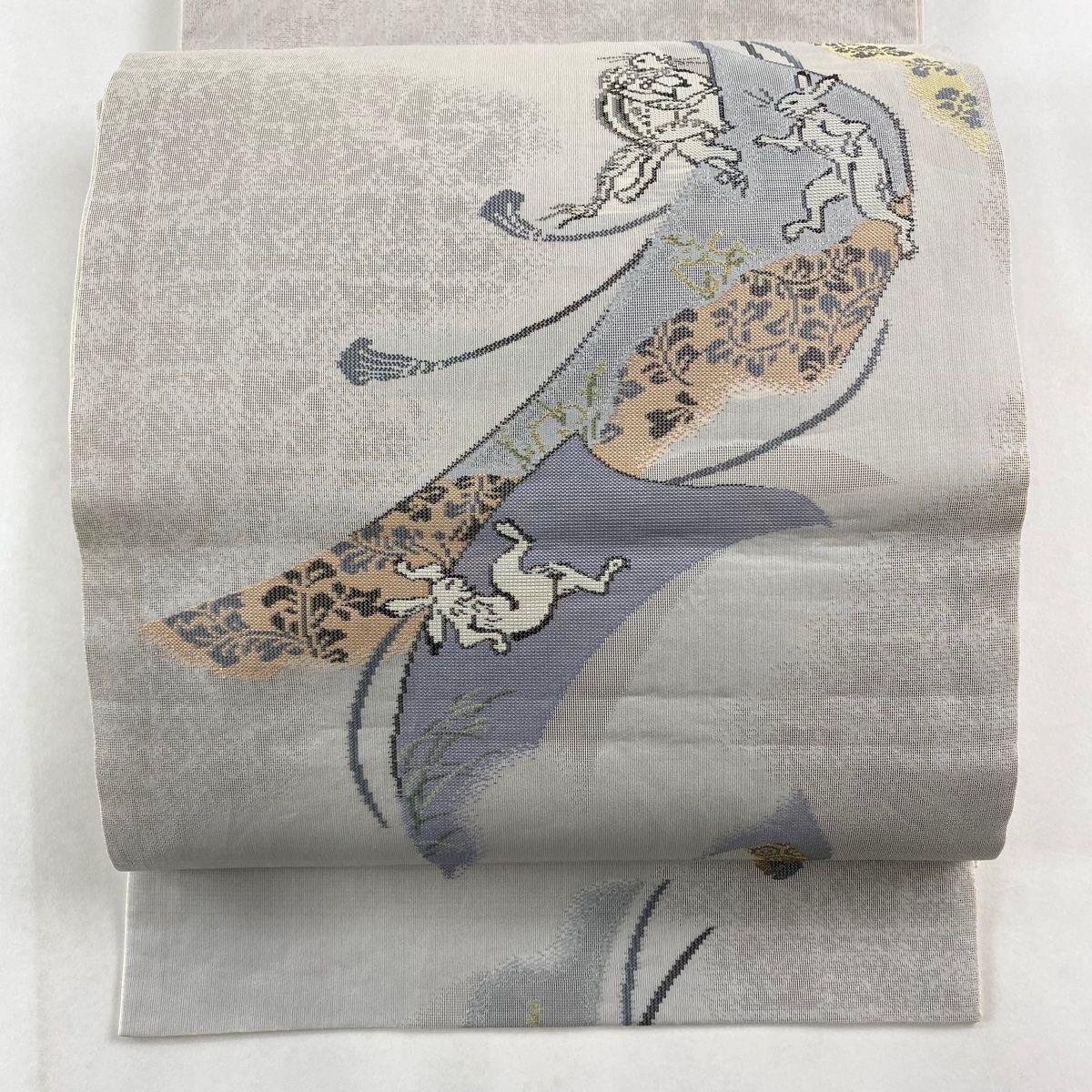 夏帯 鳥獣戯画 名古屋帯 絽 紗 西陣織 長尺 白 金銀糸 沢本織物 夏帯 鳥獣戯画 名古屋帯 絽 紗 西陣織 長尺 白 金銀糸 沢本織物