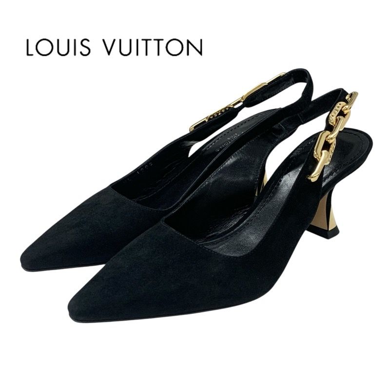 ルイヴィトン LOUIS VUITTON スパークルライン パンプス 靴 シューズ スエード ブラック 黒 ゴールド チェーン スリングバック