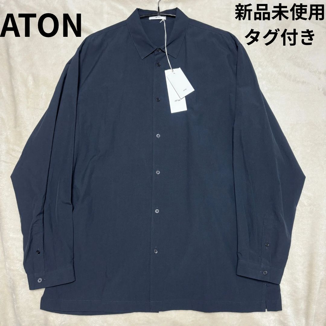 【新品未使用タグ付き】ATON シュリンクブロードオーバーサイズシャツ ネイビー 新品未使用タグ付き】ATON シュリンクブロードオーバーサイズ