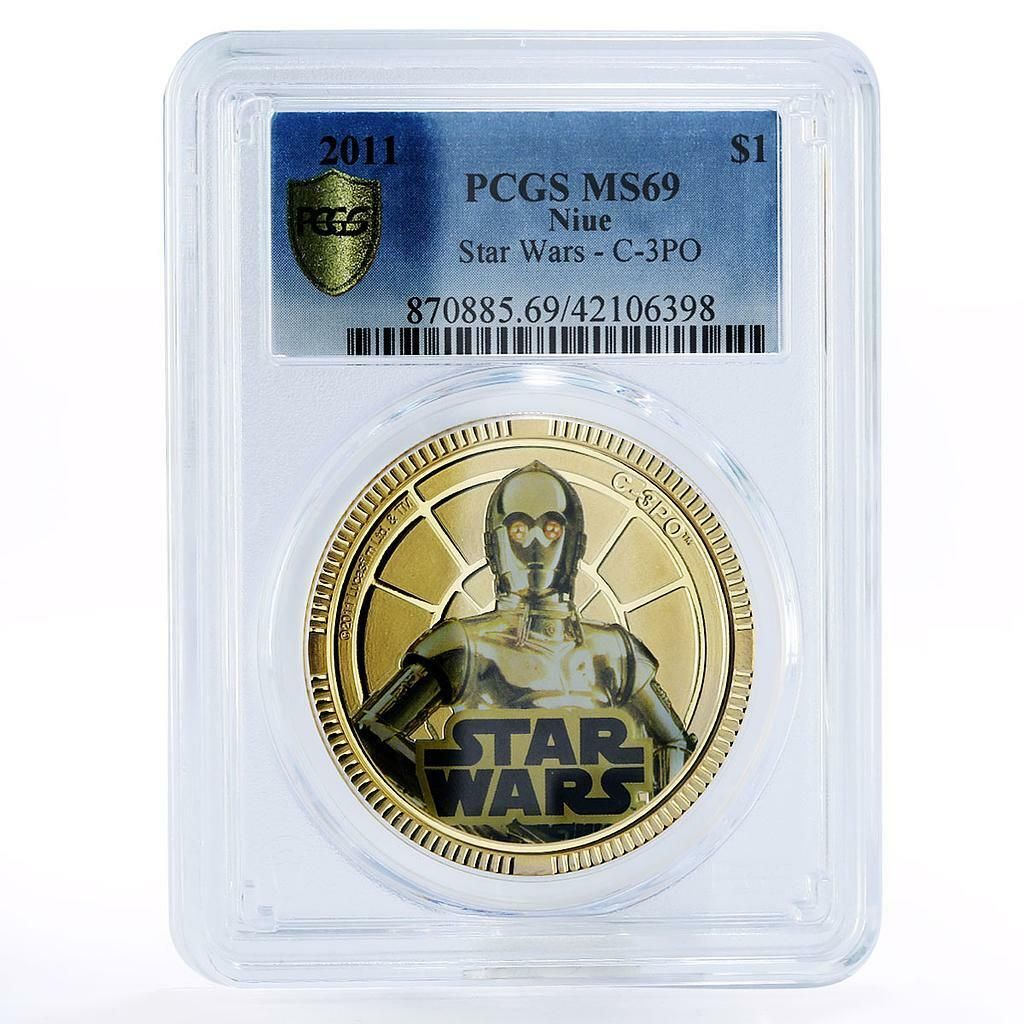 Niue 1 dollar Star Wars Series C-3PO MS69 PCGS gilded copper coin 2011