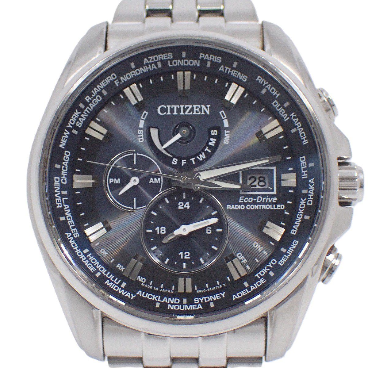 シチズン エコドライブ電波 ダブルダイレクトフライト メンズ 腕時計 青文字盤 純正SSベルト AT9031-52L【いおき質店】