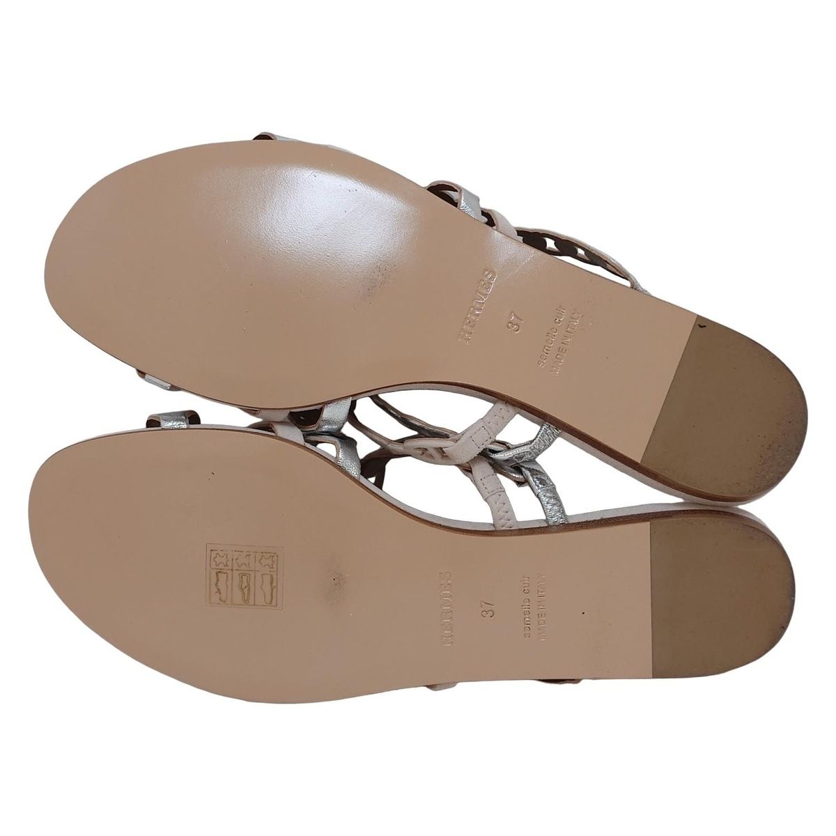  HERMES エルメス サンダル 37 レディース ヌード シルバー×ライトベージュ シェーヌダンクル レザー サンダル サンダル ミュール