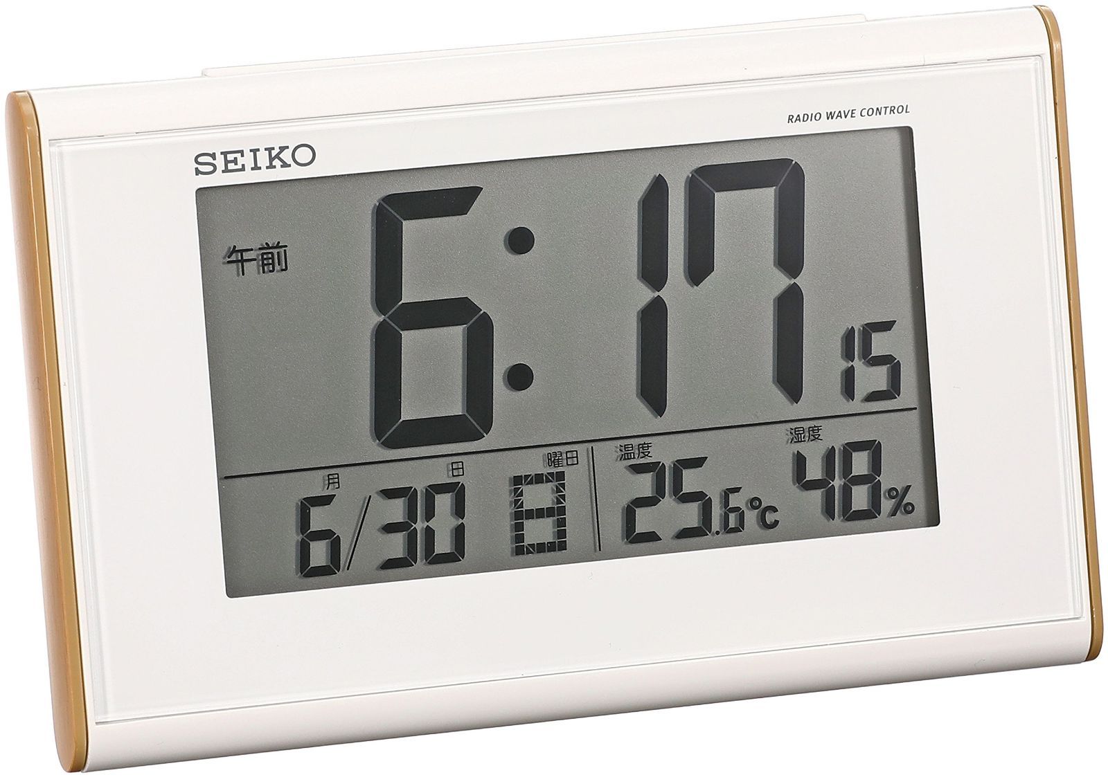 セイコー クロック 目覚まし時計 電波 デジタル カレンダー 温度 湿度 表示 薄茶 木目 模様 SQ771B SEIKO 