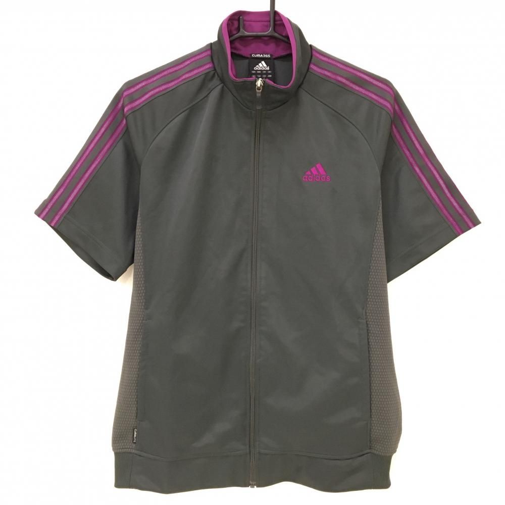 アディダス 半袖ブルゾン グレー×ピンクパープル 袖3ライン サイドメッシュ メンズ L ゴルフウェア adidas